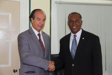 Premier of Nevis Hon. Vance Amory (r) welcomes Ambassador from the Republic of Chile to St. Kitts and Nevis His Excellency Eduardo Bonilla Menchaca at his Bath Hotel Office